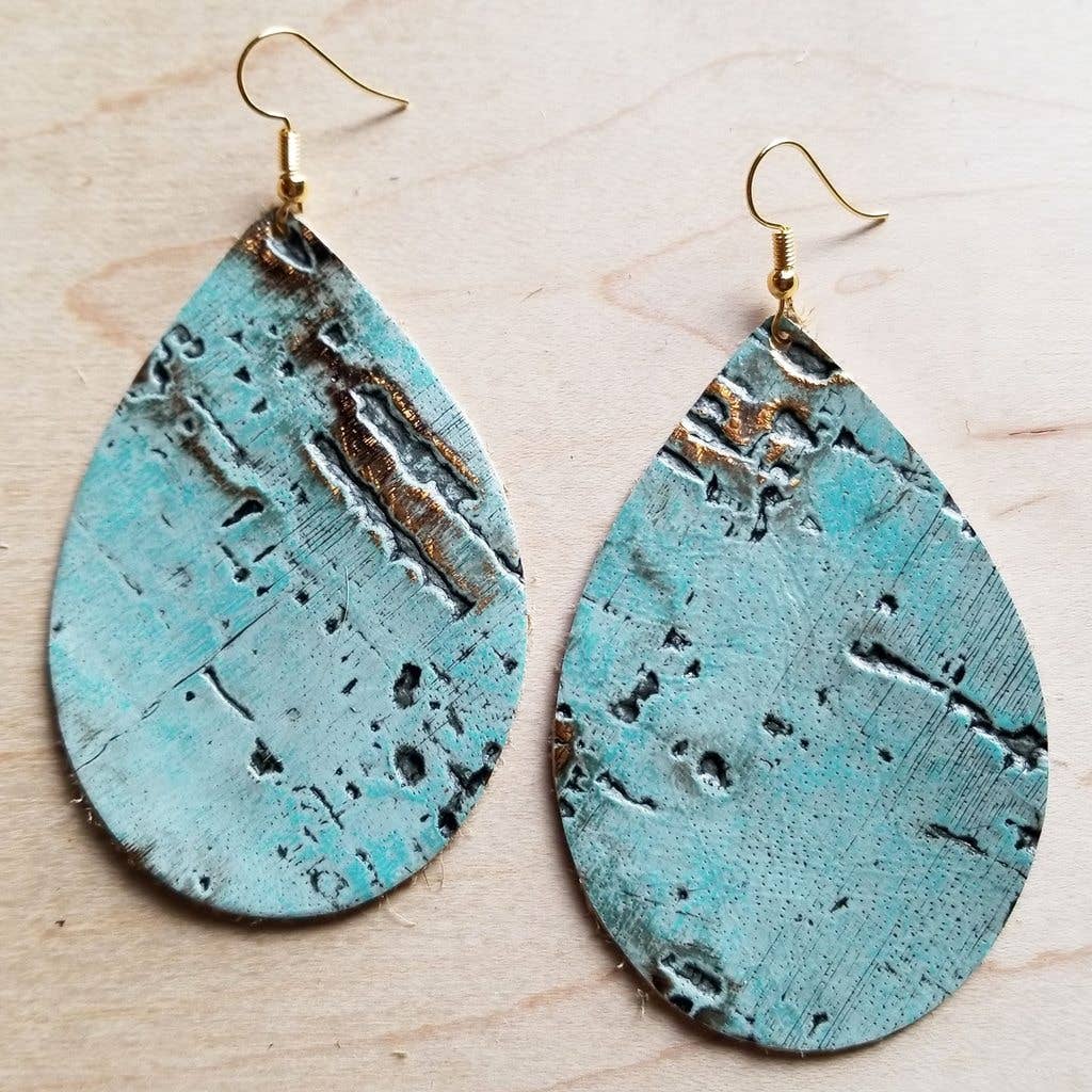 Leather Teardrop Earrings Turquoise Metallic 222m