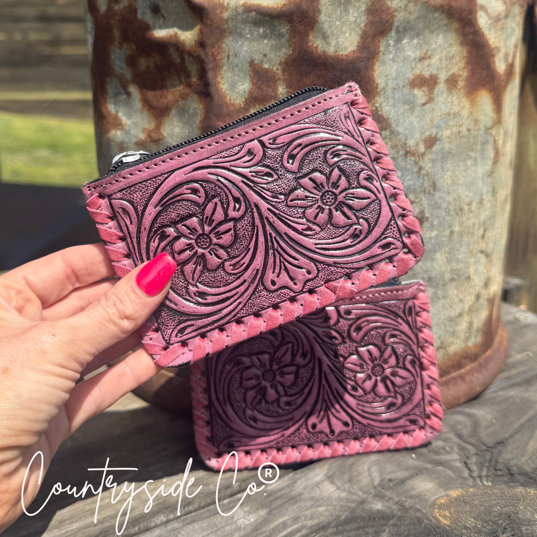 Tooled Leather Pouch, Bag Organizer,Turquoise, Pink or Brown