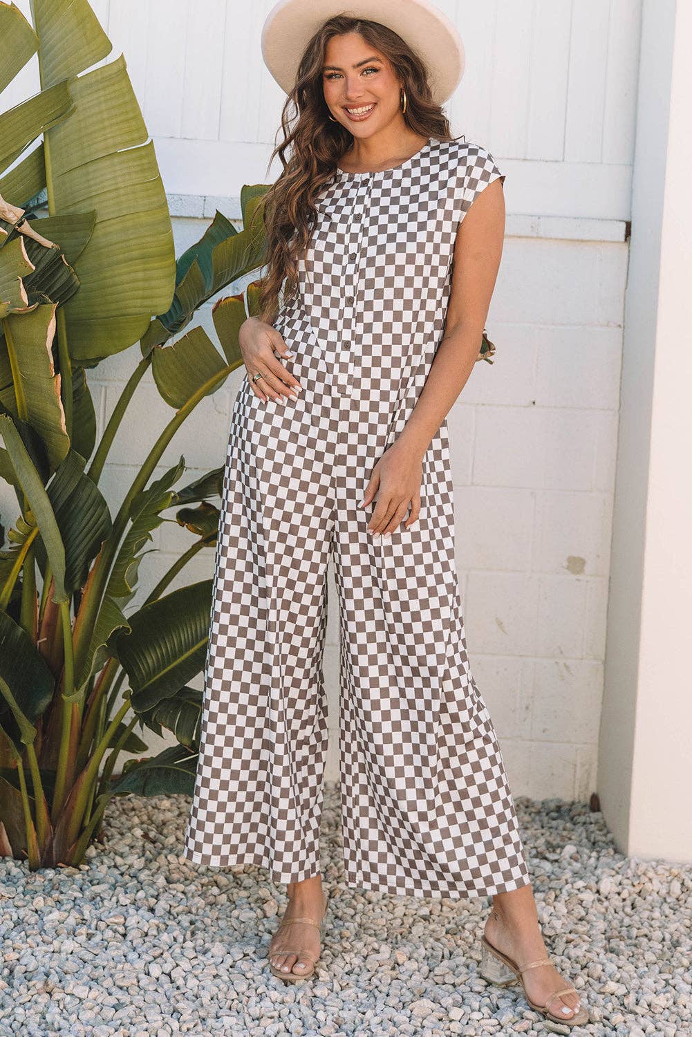 Paisley Checkered Buttoned Crew Neck Wide Leg Jumpsuit