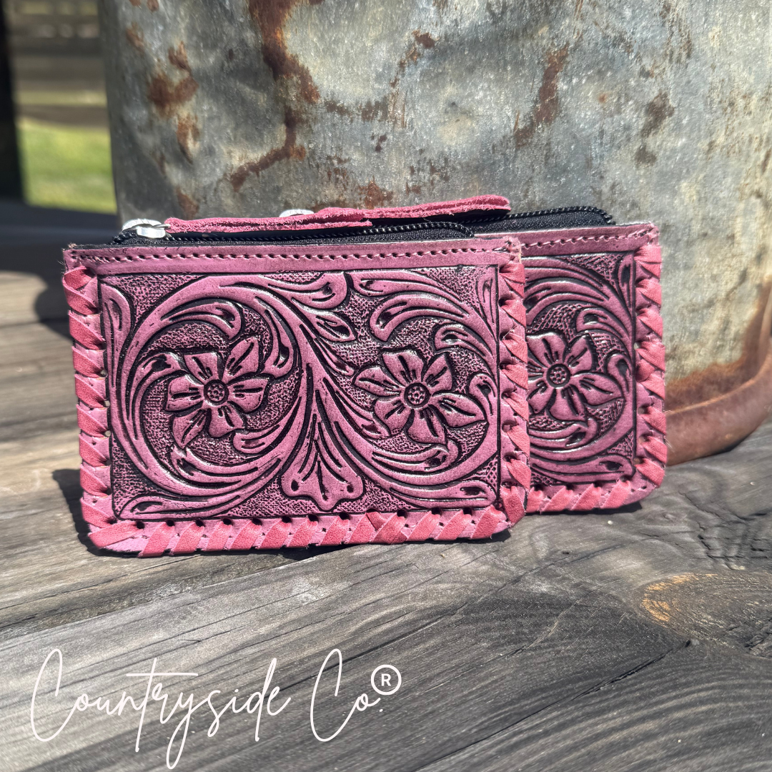 Tooled Leather Pouch, Bag Organizer,Turquoise, Pink or Brown