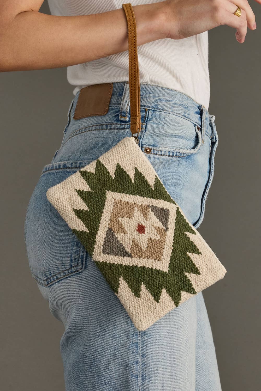 Cream, Green & Tan Western Wristlet