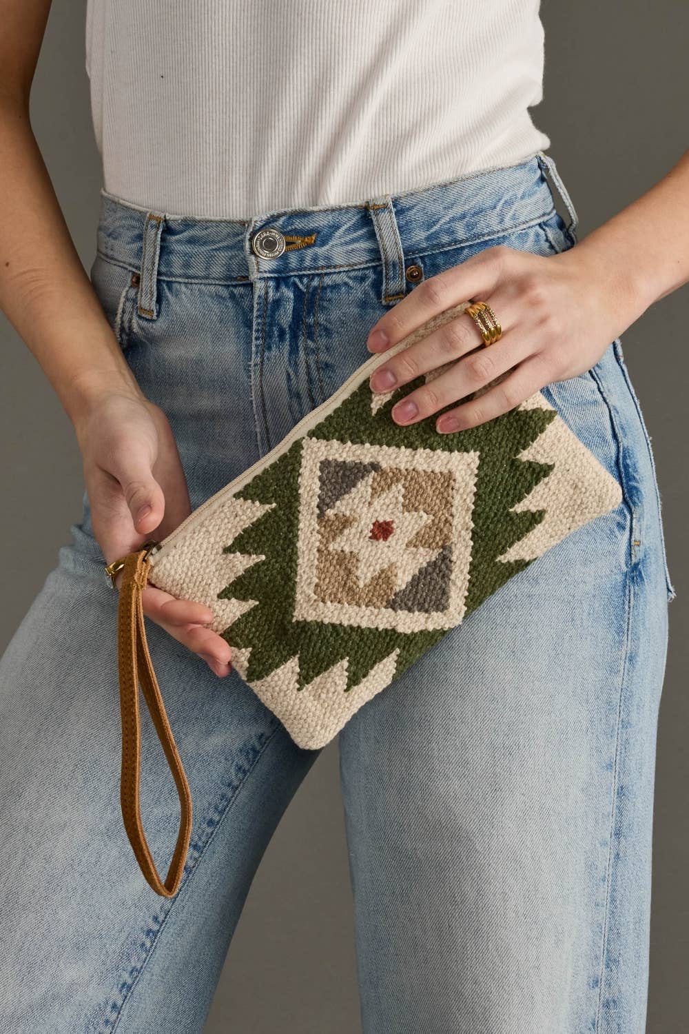 Cream, Green & Tan Western Wristlet