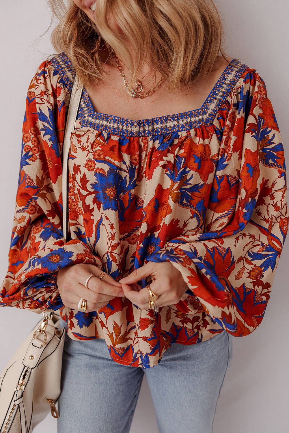 Adeline Floral Print Square Neck Backless Loose Fit Blouse