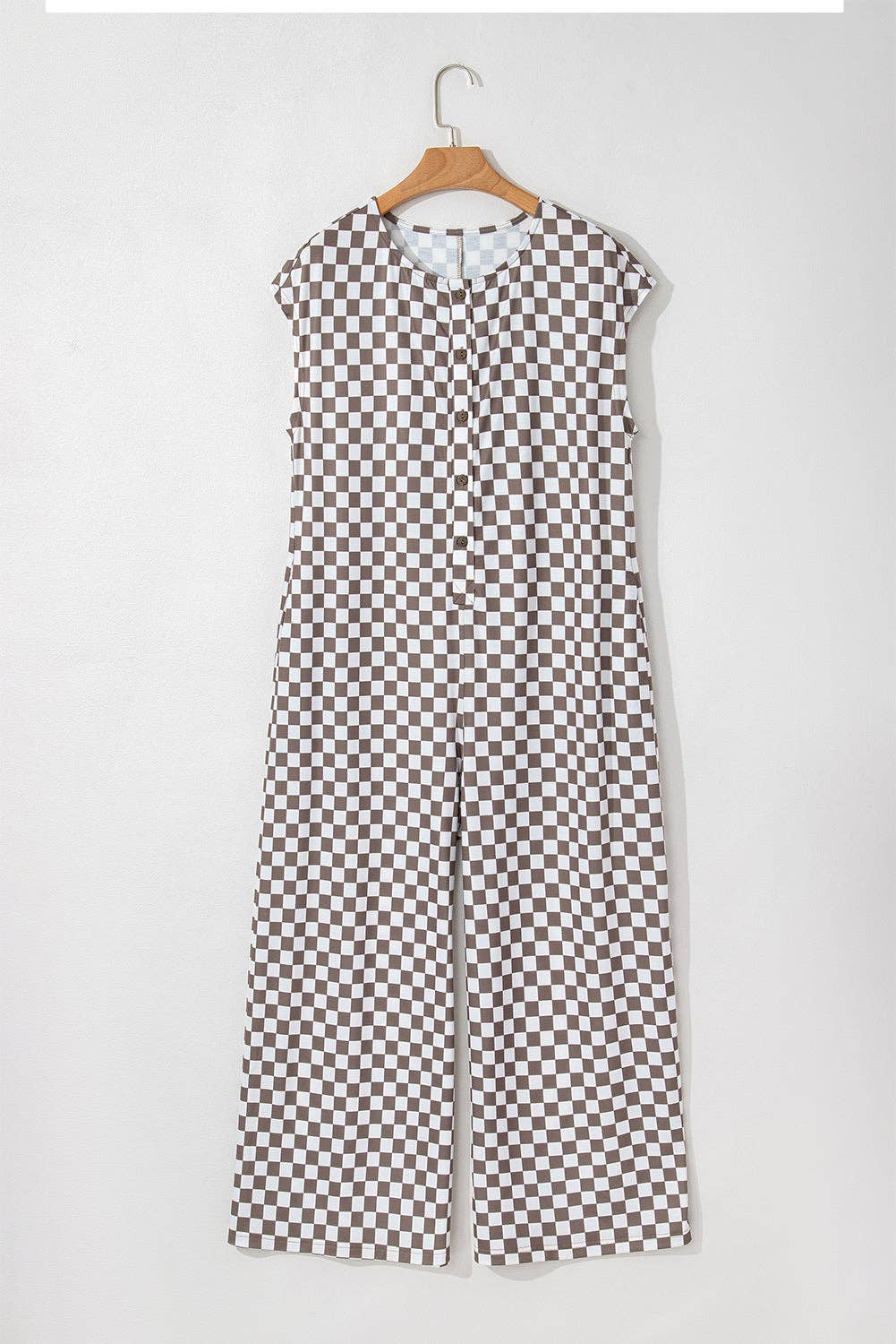 Paisley Checkered Buttoned Crew Neck Wide Leg Jumpsuit