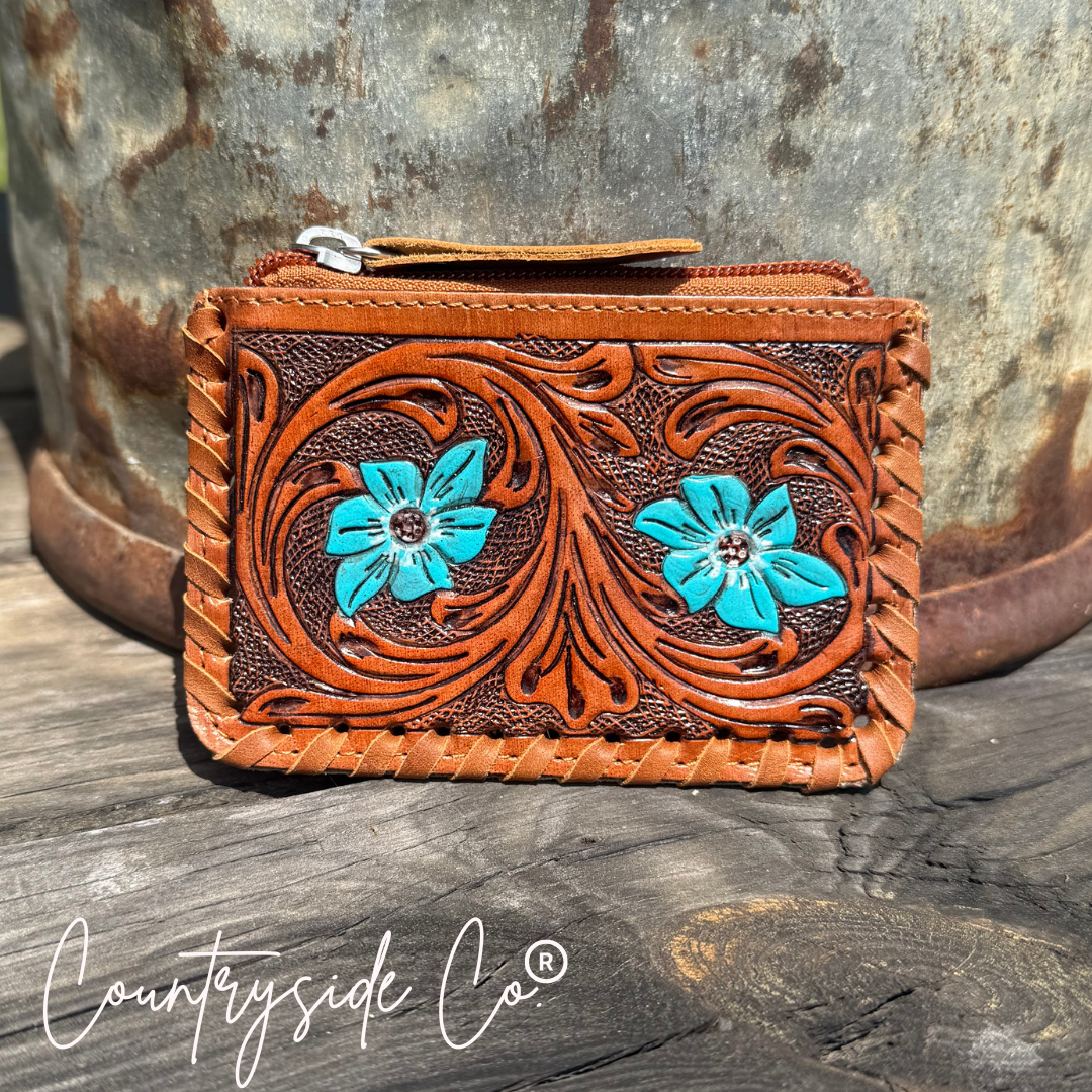 Tooled Leather Pouch, Bag Organizer,Turquoise, Pink or Brown