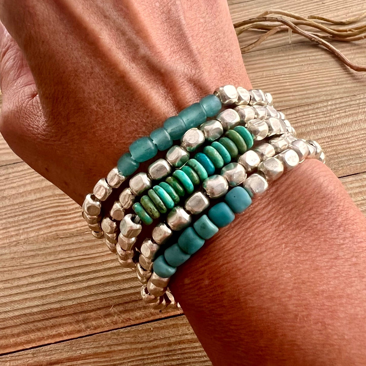 Rock The Bells- turquoise glass silver metal stretch bracele