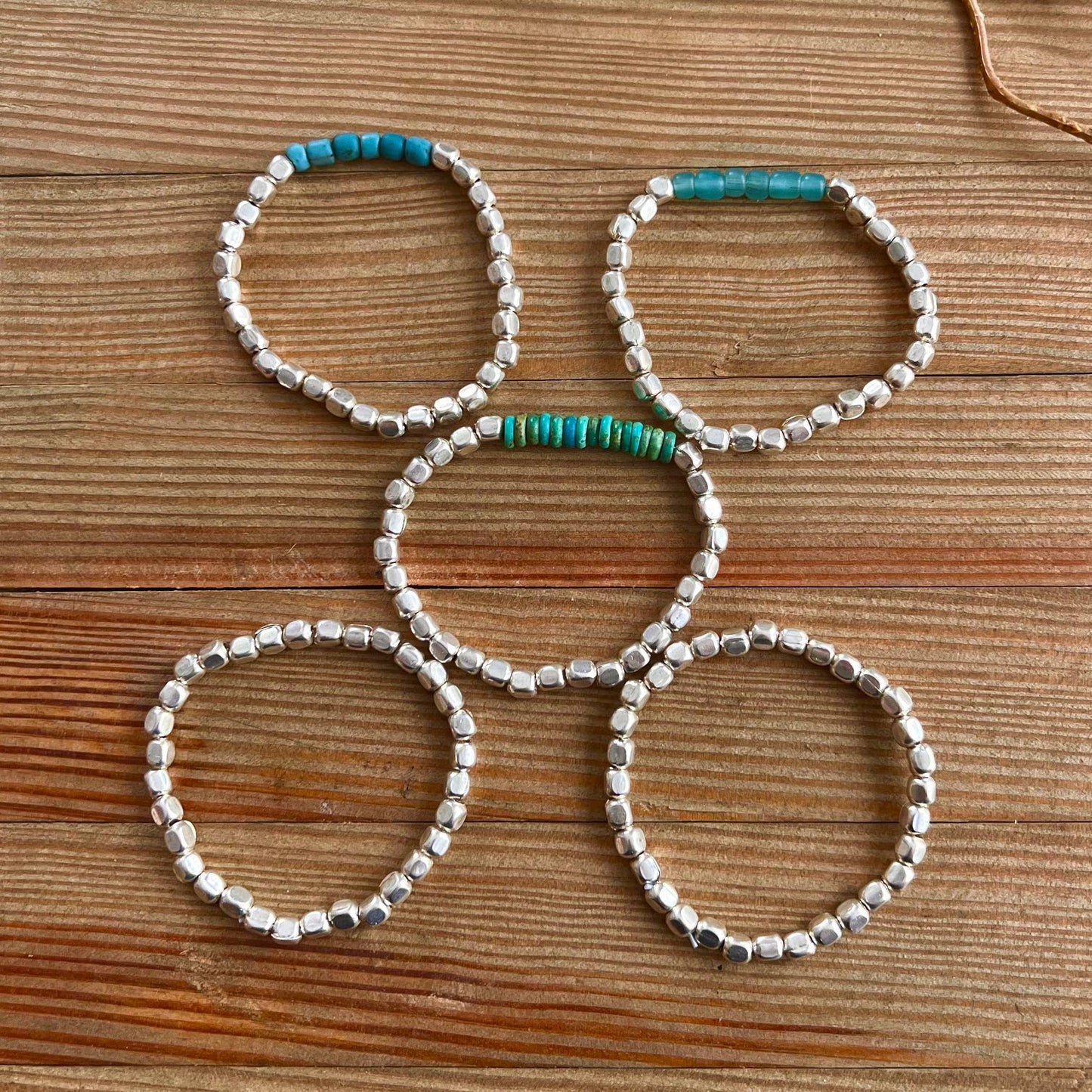 Rock The Bells- turquoise glass silver metal stretch bracele