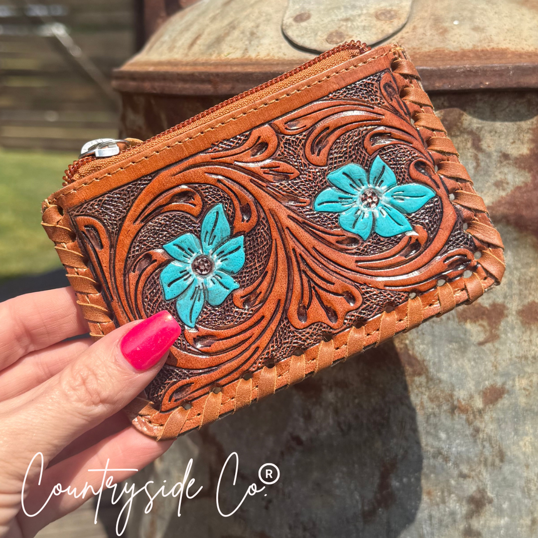 Tooled Leather Pouch, Bag Organizer,Turquoise, Pink or Brown