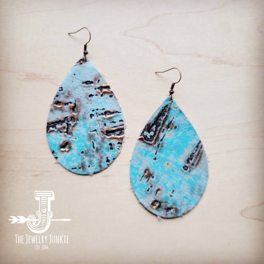 Leather Teardrop Earrings Turquoise Metallic 222m