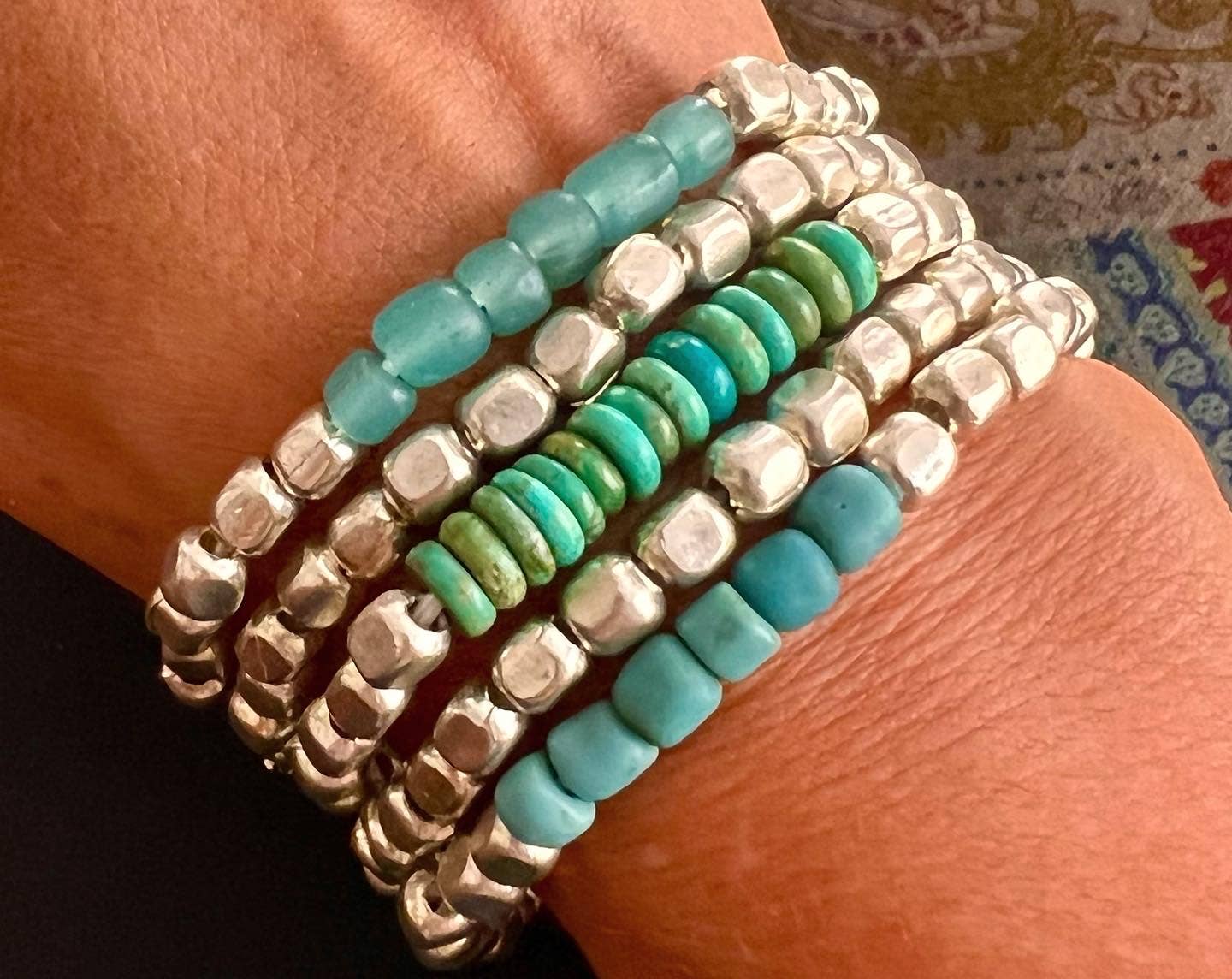 Rock The Bells- turquoise glass silver metal stretch bracele
