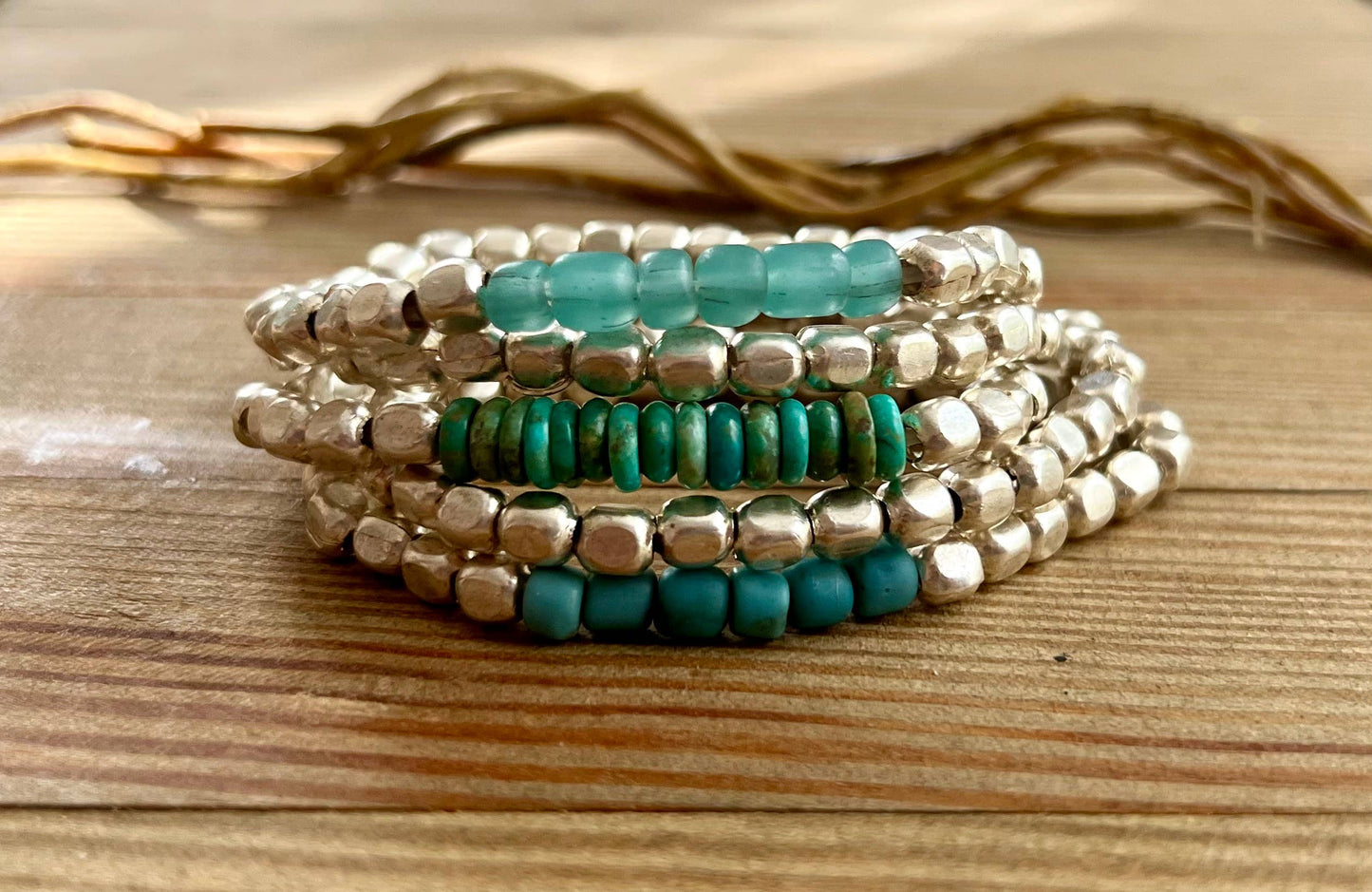 Rock The Bells- turquoise glass silver metal stretch bracele