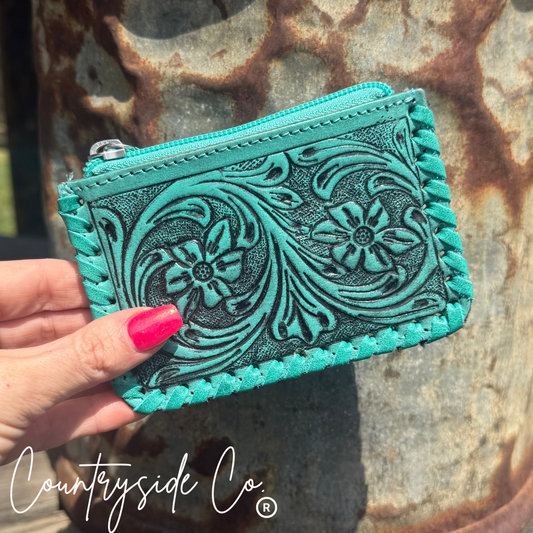 Tooled Leather Pouch, Bag Organizer,Turquoise, Pink or Brown