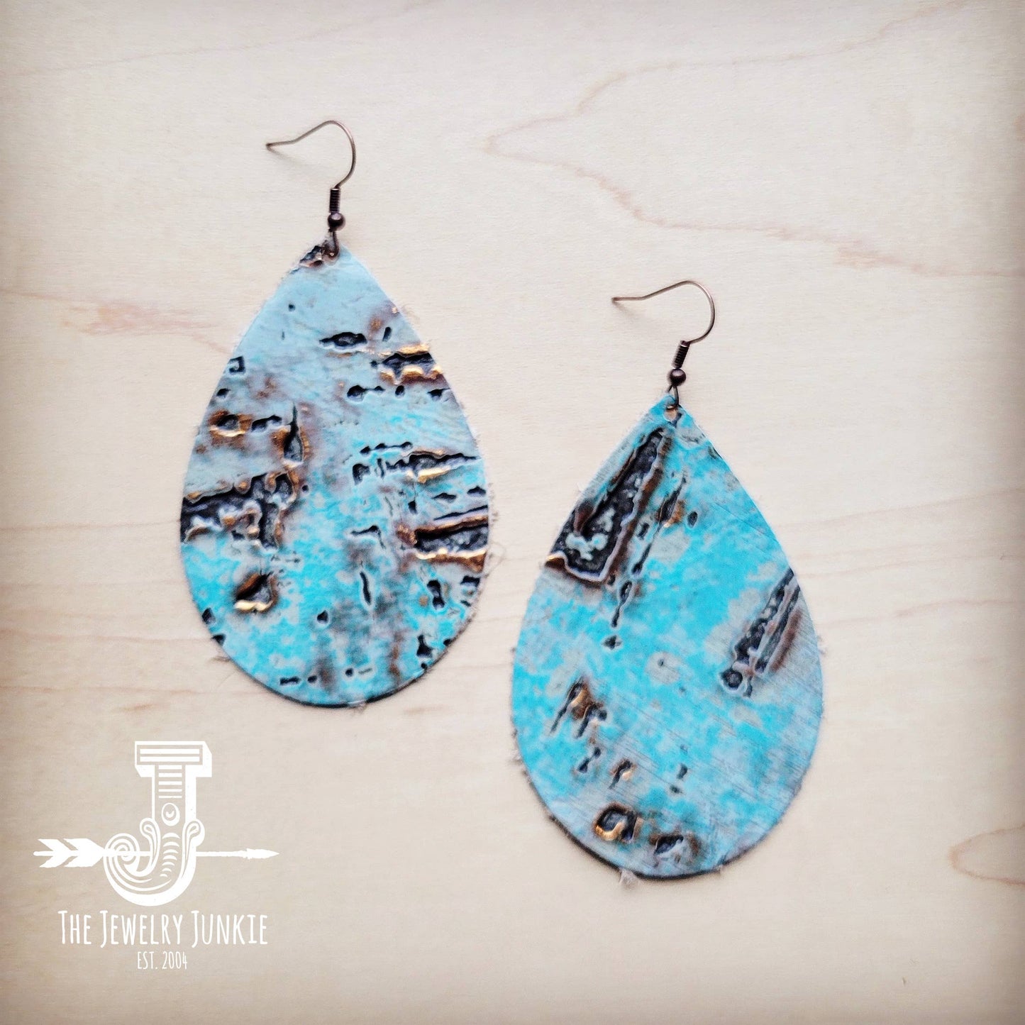 Leather Teardrop Earrings Turquoise Metallic 222m